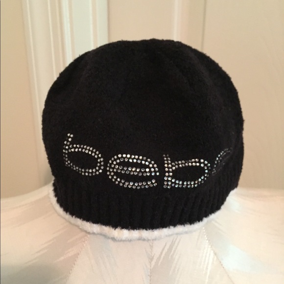 Bebe NWT jet black with white trim knit cap OS - Picture 5 of 6